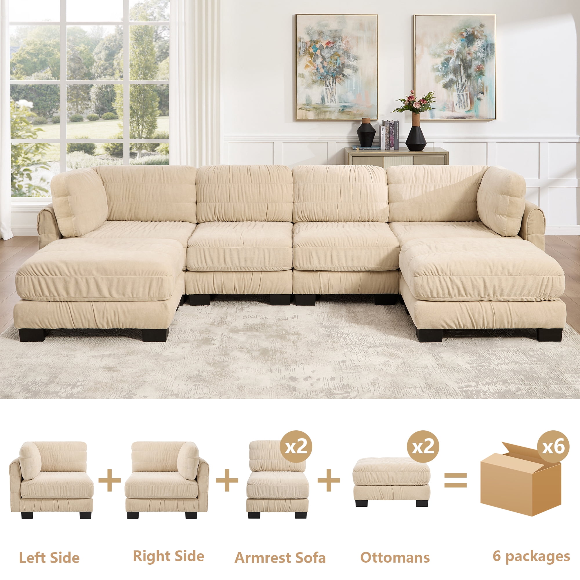 140" U Shape 4 Seat Ruched Chenille Modular Sectional Sofa with 2 Movable Ottomans,Easy Assembly