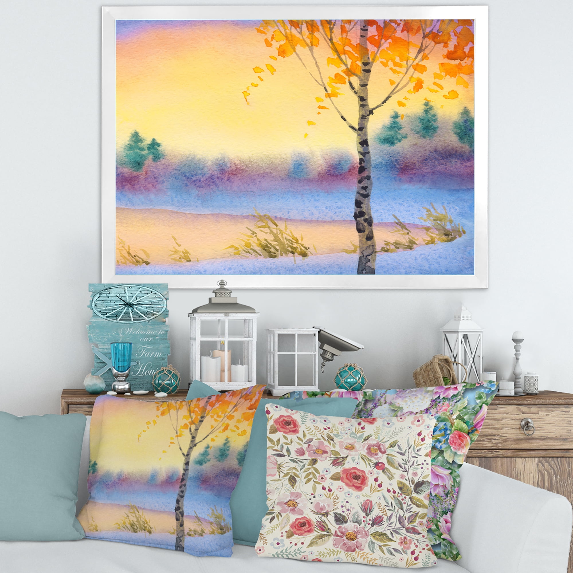 Designart 'Evening Sky Over Lake Winter Landscape' Traditional Framed Art Print