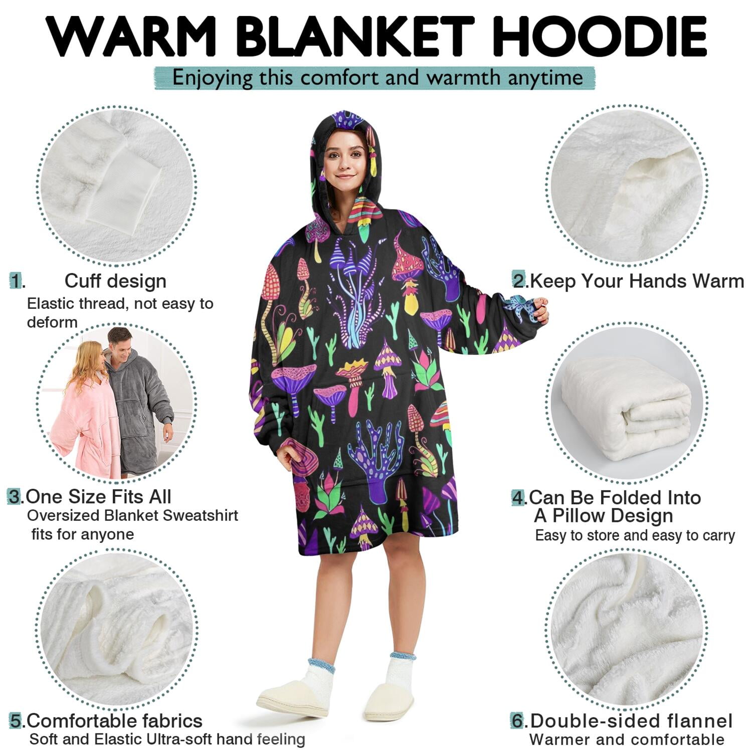 Purple Mushroom Black Pattern Wearable Oversized Blanket,Wearable Blanket Hoodie for Adults,Cozy Hooded Blankets with Super Pockets,Super Warm Fuzzy Pullover for Women & Men