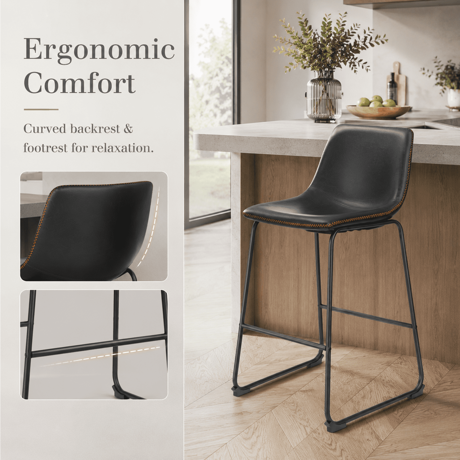 Alvantor 18"/30" Bar Stools Set of 2, Counter Height Bar Stools with Back, Modern PU Leather Stools with Metal Leg and Footrest, Bar Chairs for Kitchen lsland