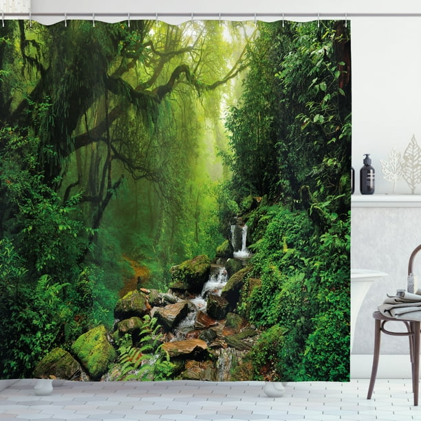 Nature Shower Curtain, Into the Woods Idyllic Forest Greenland Dreamy Mystic Fresh Tropical View