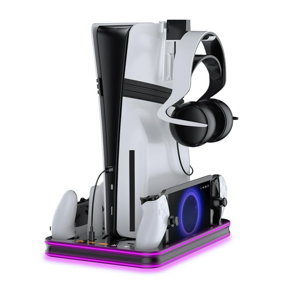 JDDWIN PS5 Pro/PS5 Slim/Stand and Cooling Station with LED Controller Charging Station for PlayStation 5 Slim Disc/Pro Digital Edition Console with 3 Level Cooling Fan, BlackLighting