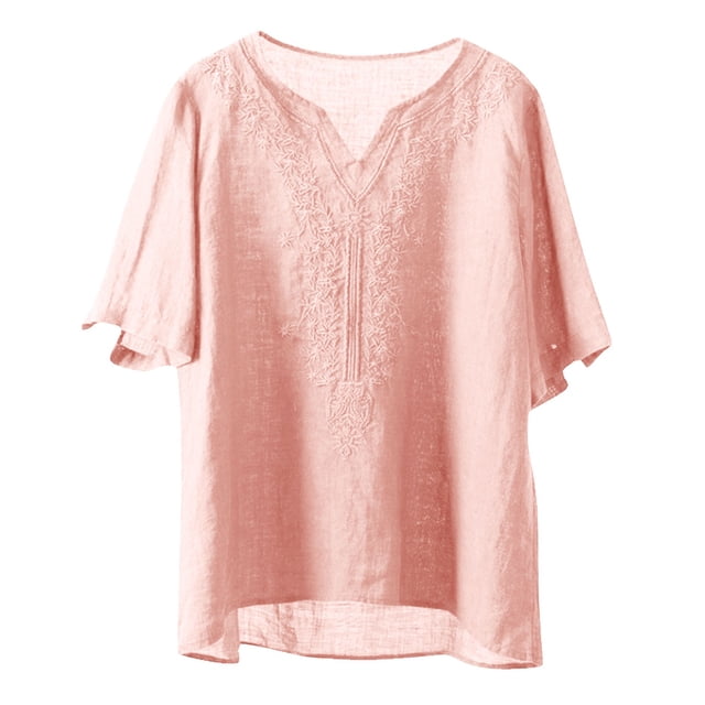 TaTaai Women's V-Neck Short Sleeve Linen Embroidered Vintage Loose Casual Tops Soft Lightweight Stylish Blouses for Daily Street Office Wear Gift