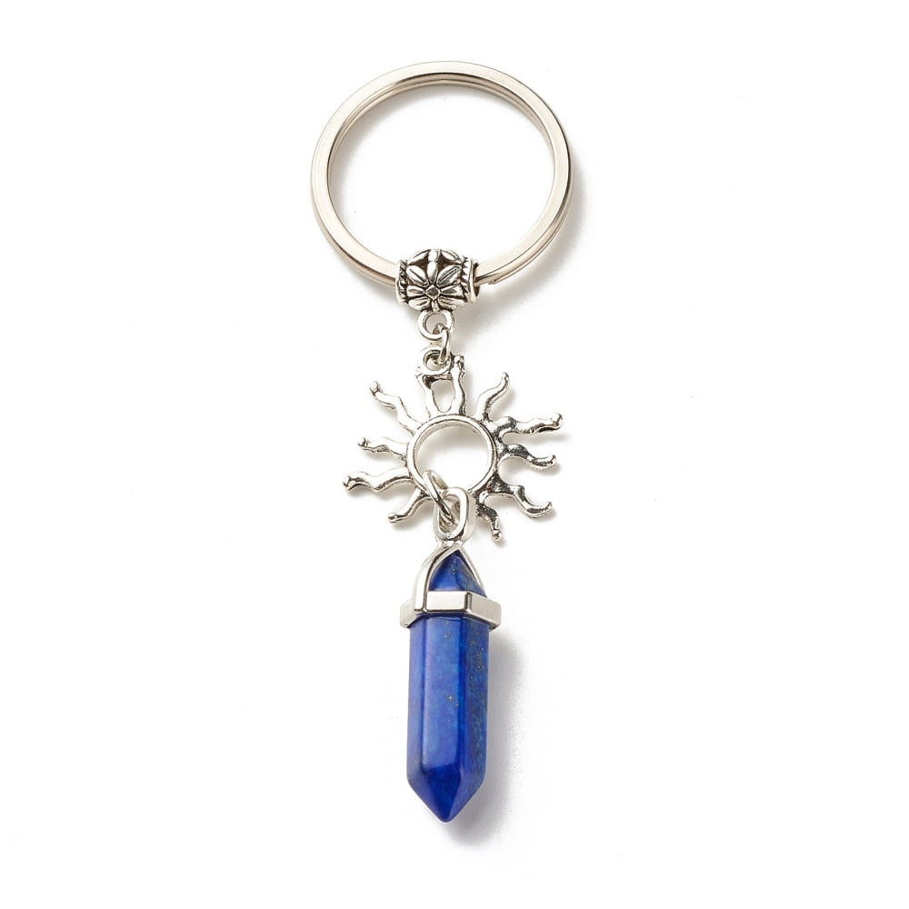 Natural Mixed Gemstone Keychain with Tibetan Style Alloy Pendants Charm Carrier Barrel Tube Bails and Iron Split Key Rings Sun with 9.8cm