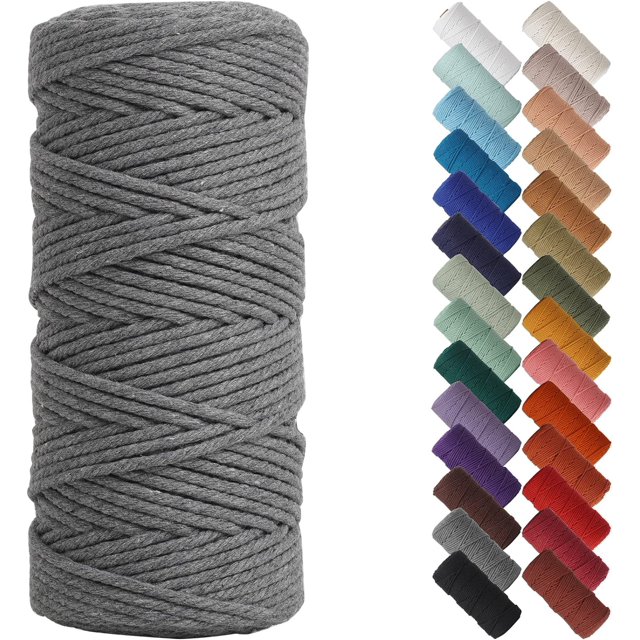 HSHDLDF Grey Macrame Cord 3mm x 109yards, Colored Macrame Rope, 3 Strand Twisted Cotton Rope Macrame Yarn, Colorful Cotton Craft Cord for Wall Hanging, Plant Hangers, Crafts, Knitting