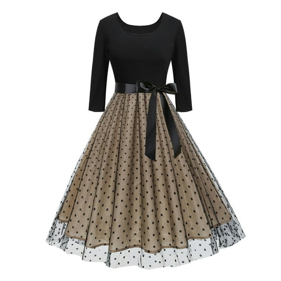 Oplxuo 50s Wedding Guests Dresses for Women Elegant Mesh Dots Swing Vintage Semi Formal Party Cocktail Dress