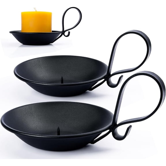 Jimin 2PCS Matte Black Iron Pillar Candle Holders, with Handle, Simple Industrial Style Table Centerpiece Decoration (Bottom with Needle)
