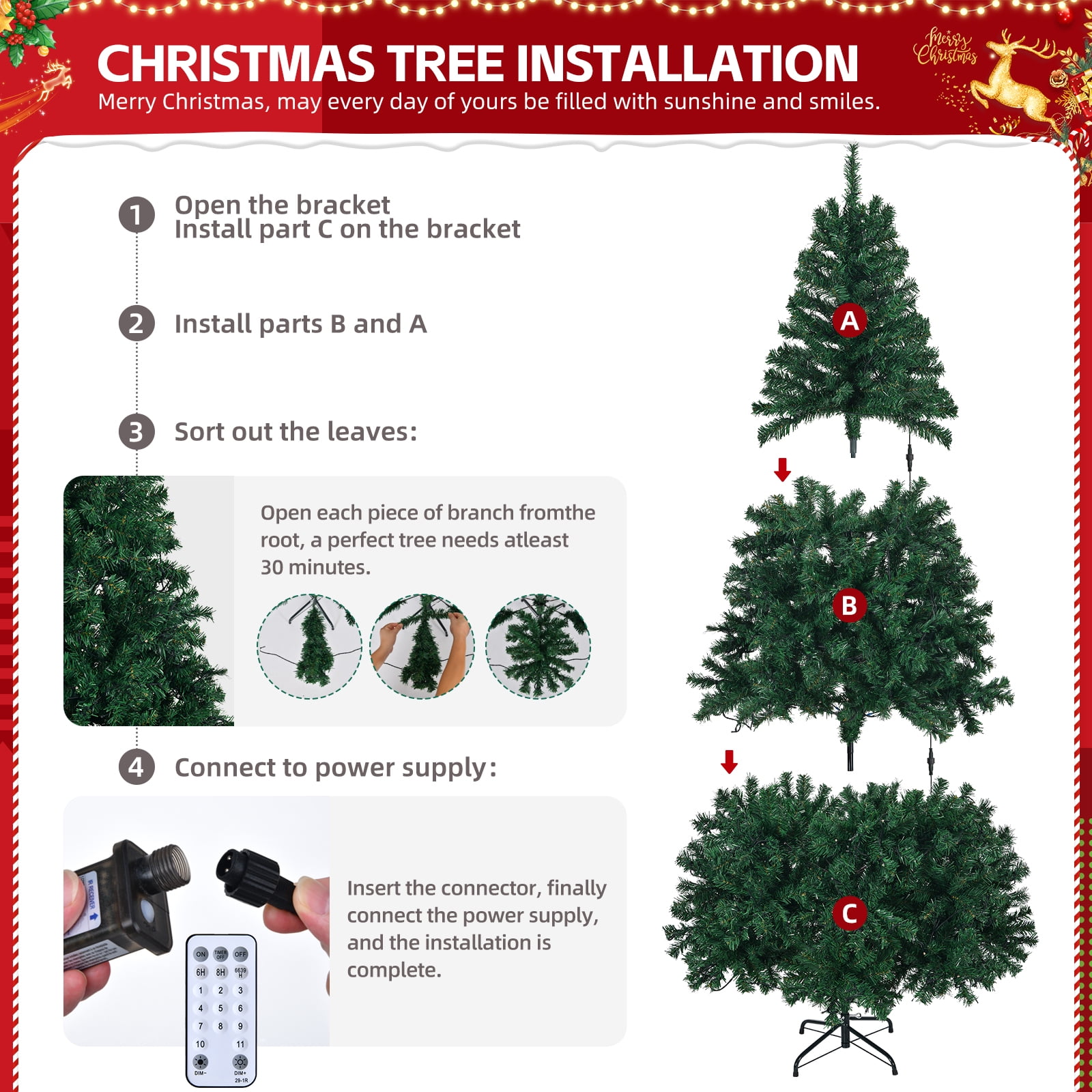 6 FT Pre-lit Artificial Christmas Tree, Hinged Xmas Pine Tree with 1000 Branch Tips, 350 Lights and Remote Control for Holiday Party Office Home, Green