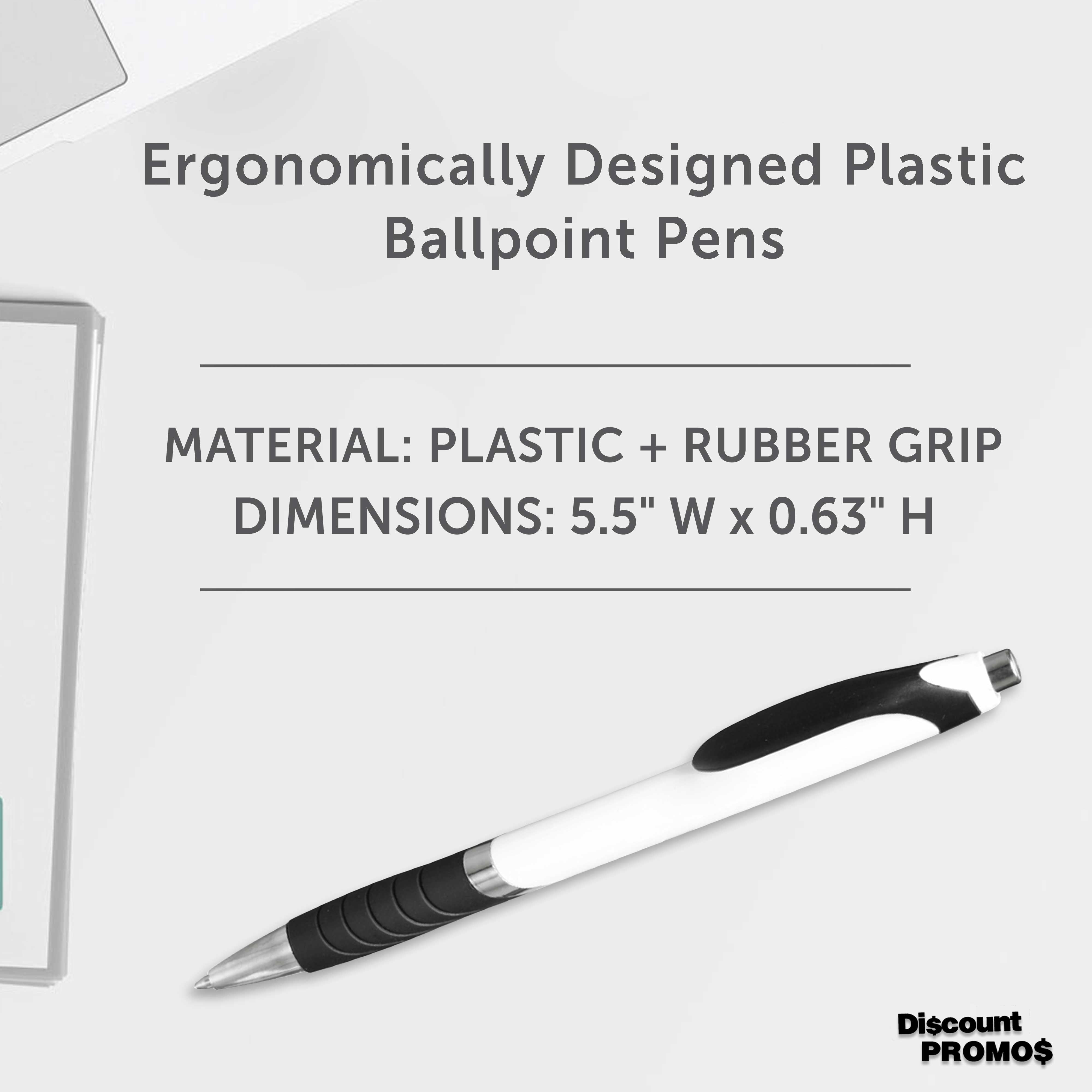 Ballpoint Pens With Rubber Grip - 10 pack - Black Ink Ball Point Pen with Soft Touch Plastic - White
