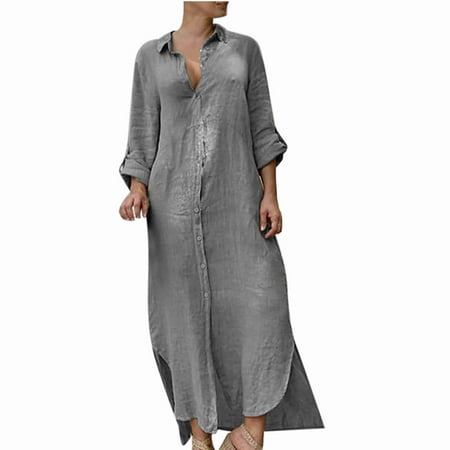 Taqqpue Women s Casual Long Sleeve Turndown Collar Button Down Loose Maxi Dresses Long Cardigans Swimsuit Cover Ups Cotton Linen Plain Shirt Dresses