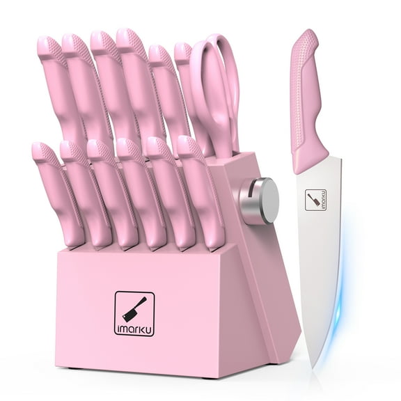 imarku Knife Set with Block, Sharp Knife Set with Built-in Sharpener, Japanese Stainless Steel Kitchen Knife Set with Non-Slip Ergonomic Handle, Dishwasher Safe, Best Holiday Gifts, 14 PCS, Pink