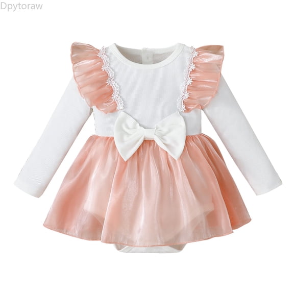 Dpytoraw Elegant Long Sleeve Baby Girl Bodysuit With Bow And Mesh Skirt For Newborn Infant Autumn Outfit Cute Dress Style Romper Baby Girl Bodysuits Size 9-12 Months