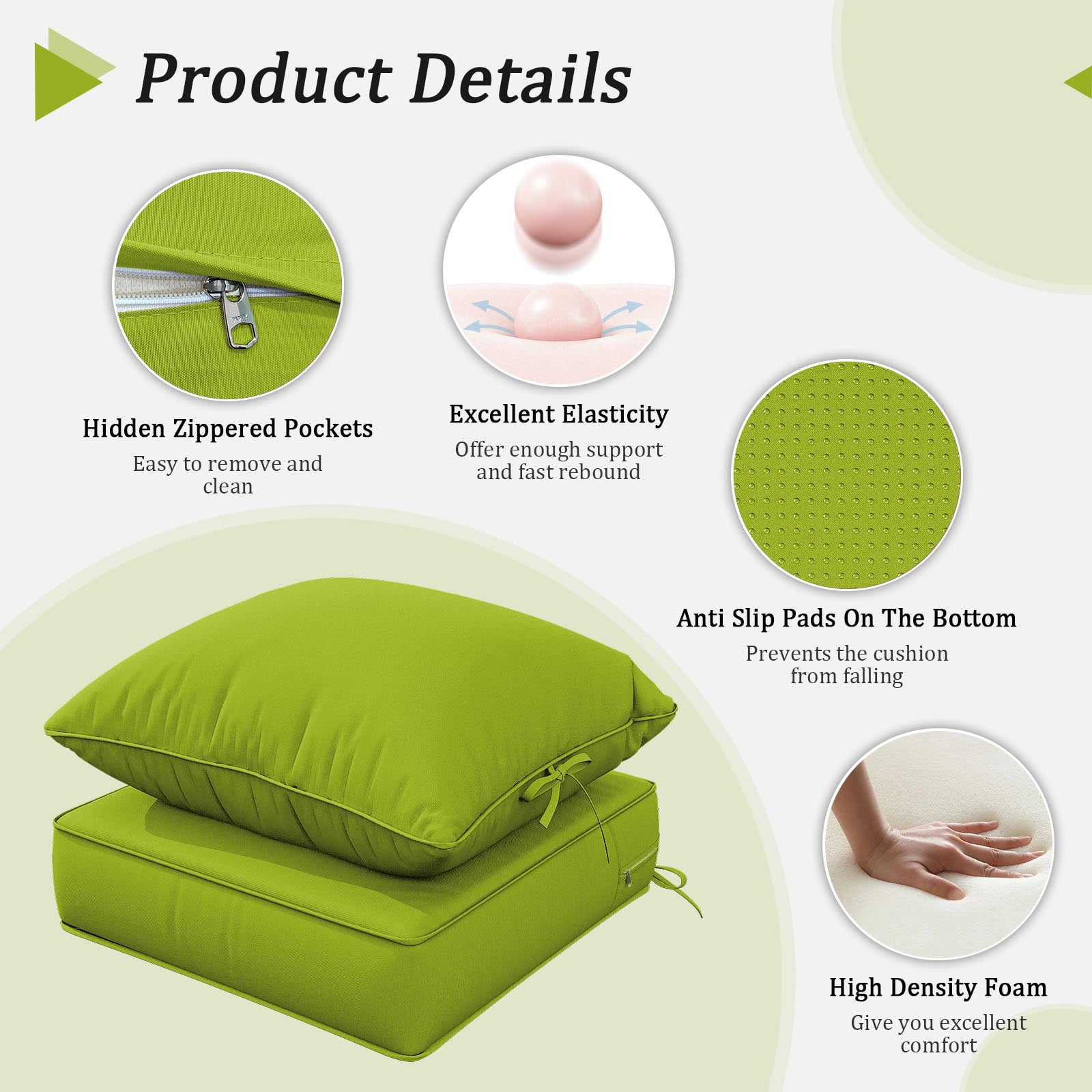 Snubbull Outdoor Deep Seat Cushion Set 24 X 24 X 6.5 Inch Splash-Proof & Fadeness Patio Furniture Cushions，Removable Outdoor Couch Cushions with Hidden Zipper & Adjustment Staps, Grass Green