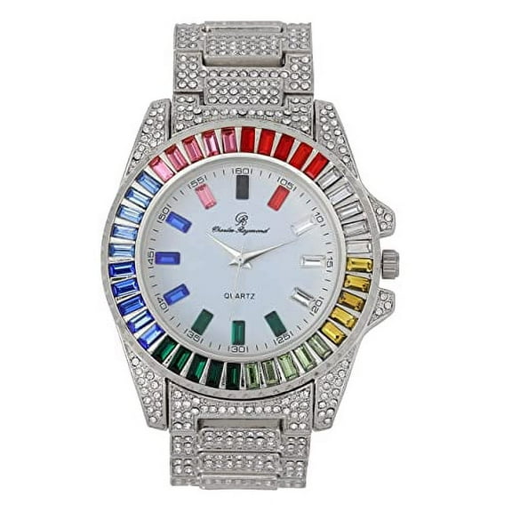 Charles Raymond Iced Out Mens Color on Blast Watch Single or Combo Sets with Blinged Out Bracelets Set. Iced Out Colourful Rainbow Flame Collection (ST10414 SLV)