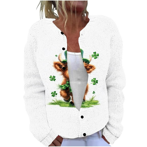 Chandail de la Saint-Patrick pour Femme, Cardigan en Tricot Décontracté avec Boutons à l'Avant, Manteau Léger à Manches Longues pour les Fêtes, le Quotidien et la Superposition