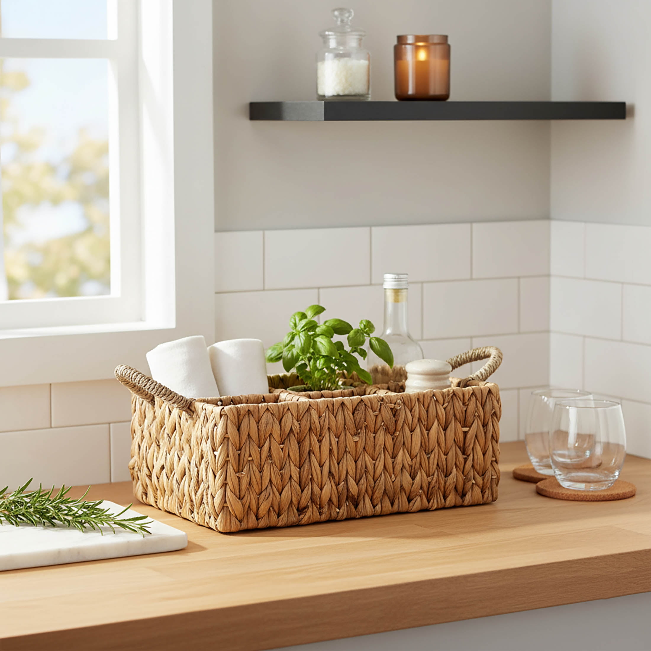 Laquedecraft Wicker 4 Section Rectangular Divided Storage Basket  for Organizing Bathroom Kitchen Shelves