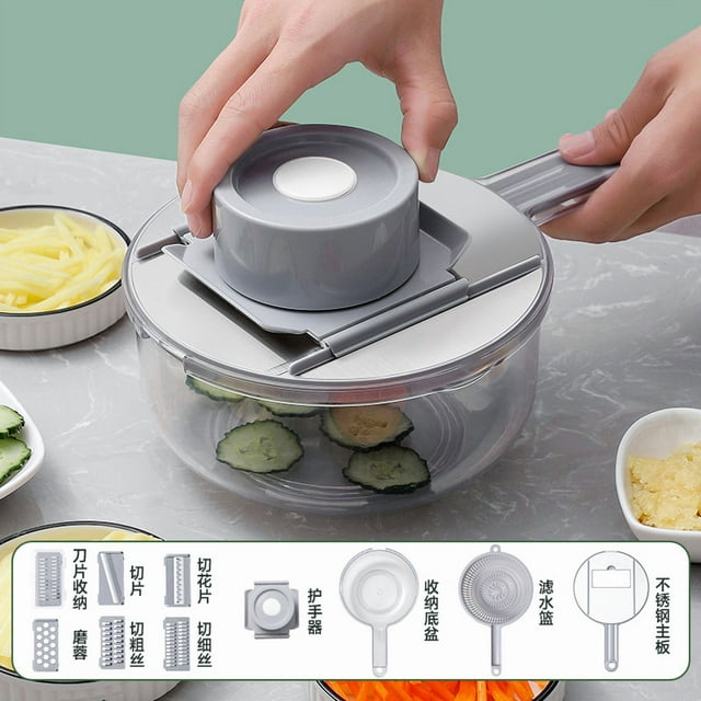 Trancheuse de Légumes Ronde Compacte en Acier Inoxydable Gris-Vert : Outil de Cuisine Multifonctionnel pour Lanières de Pommes de Terre, Râpes, Tranches et Coupures de Fleurs – Idéale pour Usage Domestique, Dîners en Famille et Grands Événements –