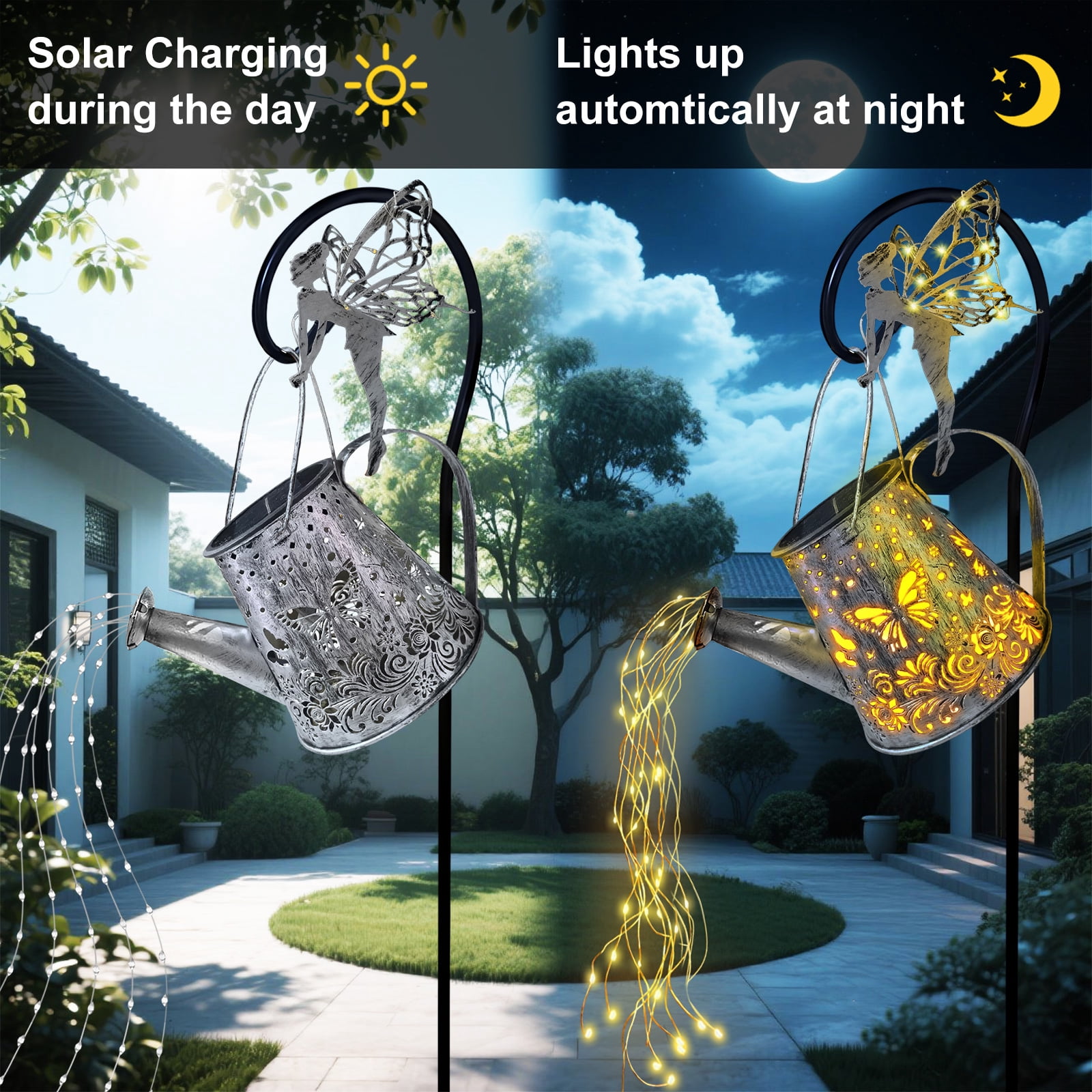 Solar Fairy Watering Can Lights, Butterfly Decorative Hanging Solar Lantern Lights with Hook, Waterproof Garden Lights for Outdoor Patio Yards Pathway Courtyards