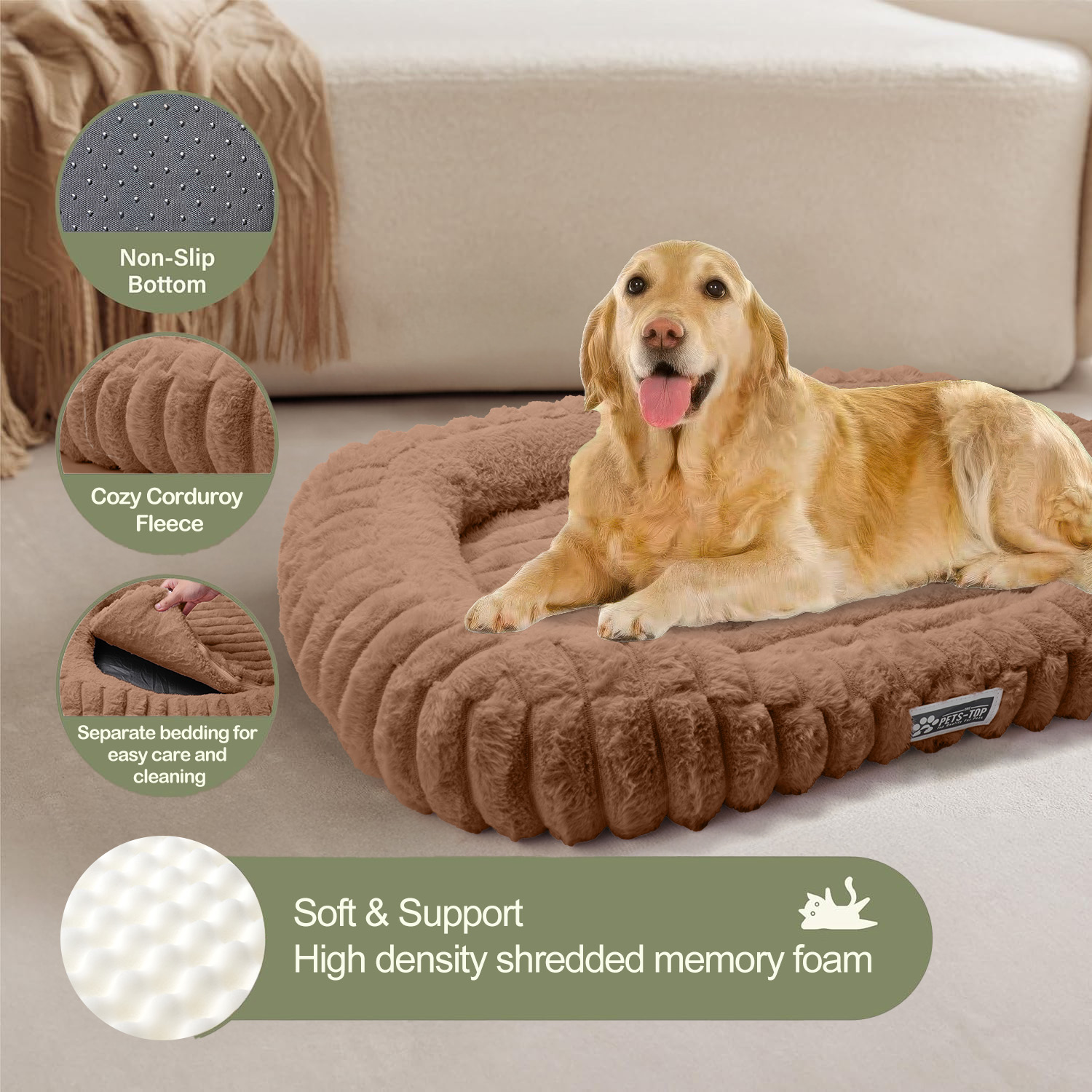 SANMADROLA Cute Dog Beds for Large Sized Dog, Washable Large Dog Beds, Rectangle Pet Beds for Big Dogs, Furry Bolster Soft Warming Calming Pet Bed with Non-Slip Bottom, 35.4"x27.2"x5.5",Brown
