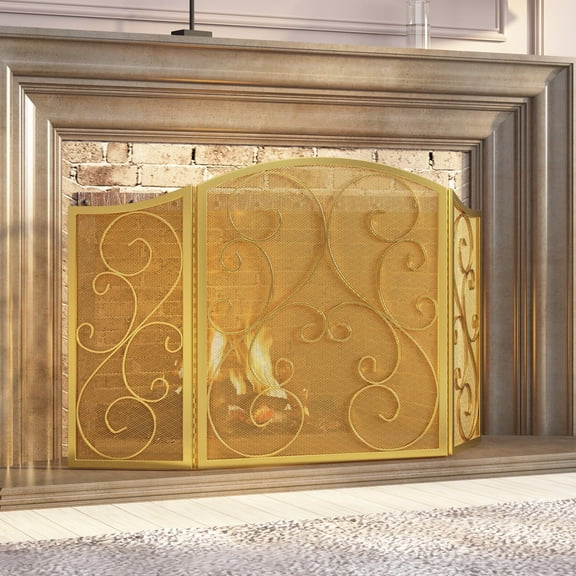 Fire Beauty Fireplace Screen 3 Panel Wrought Iron Metal 48"(L) x30(H) Spark Guard Cover(Golden Dusting)