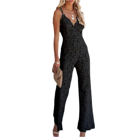 Gupgi Women's Lace Spaghetti Straps Backless Wide Leg Jumpsuit, Black, Size M