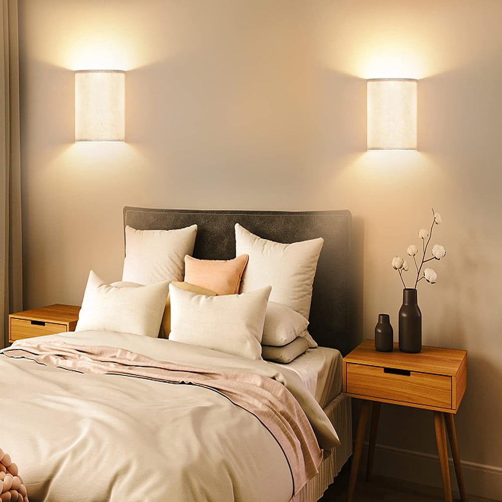 Battery Operated Wall Sconce, Rechargeable Wireless Wall Sconces Set of Two, Magnetic Wall Lamp with Remote RGB Colors for Bedroom Living Room Hallway, Fabric Linen Shade