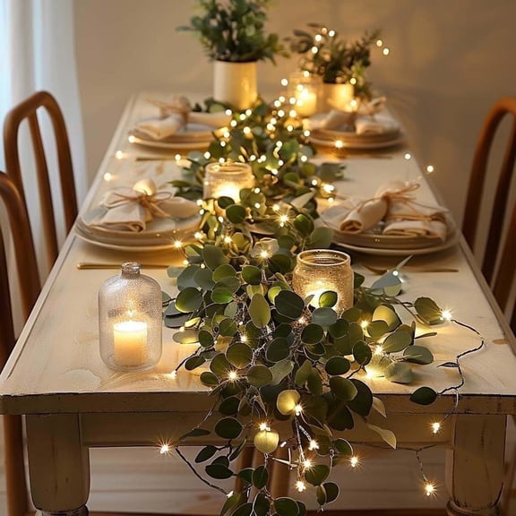 Diceymbol Lighted Artificial Eucalyptus Garland 6.5Ft 20 LED Battery Operated Faux Vine Lights with Timer for Spring Wedding Backdrop Wall Xmas Decor