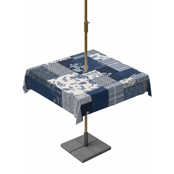Outdoor Tablecloth with Umbrella Hole for Patio/Picnic/Party/Camping, Navy Blue Checkered Waterproof Table Cloth Square Cover Washable, Vintage Floral Plaid Aesthetics (60"x 60")