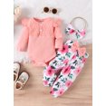 thumbnail image 2 of Cenuakty Baby Girl Fall Outfits Floral Lace Rib Knit Long Sleeve Rompers Flower Print Flare Pants Headband 3Pcs Clothes Set, 2 of 9