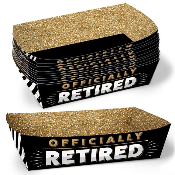 Big Dot of Happiness Officially Retired Party Paper Food Trays, Disposable Food Boats, Black & Gold Retirement, Picnic, BBQ, Double-Sided Paper Meal Holders for Nachos, Hot Dogs, French Fries - 12 Ct