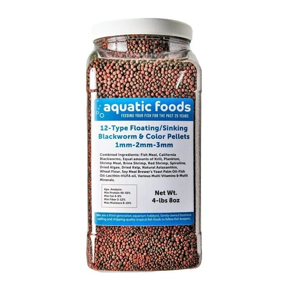 12-Type Floating & Sinking Blackworm & Intense Coloring 1mm, 2mm, 3mm Pellets for Discus, Cichlids, All Tropicals, Koi and Pond Fish…4-lb & 8oz Lg Jar