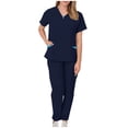 thumbnail image 1 of Protective Suit for Women, Short Sleeve V-Neck Top and Drawstring Pocket Pants Set, Polyester, All-Season, Regular Length, for Healthcare Workers and Caregivers, 1 of 6