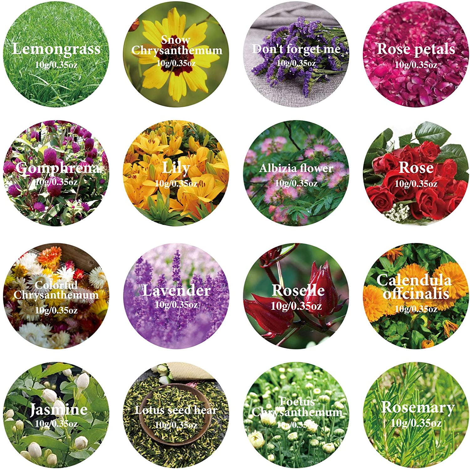 16 Bags Dried Flowers 100% Natural Flowers Herbs Kit for Soap Making DIY Candle Making Bath - Include Rose Petals Lavender Don't Forget Me Lilium Jasmine Rosebuds and More