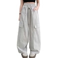 thumbnail image 2 of SROBPTY Fall Winter Cargo Pants for Teens Girls Solid Elastic Waist Wide Leg Drawstring with Pockets, 2 of 4