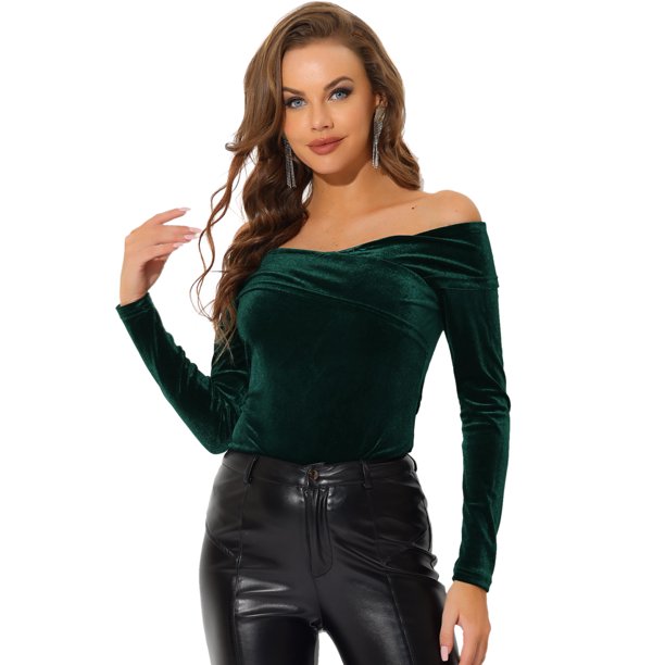 Top de terciopelo de manga larga ajustado con hombros descubiertos para mujer Verde oscuro L