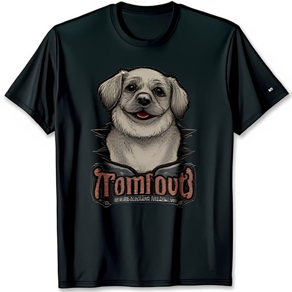 Casual Black T-Shirt with Expressive White Dog Graphic & Tomfount Text