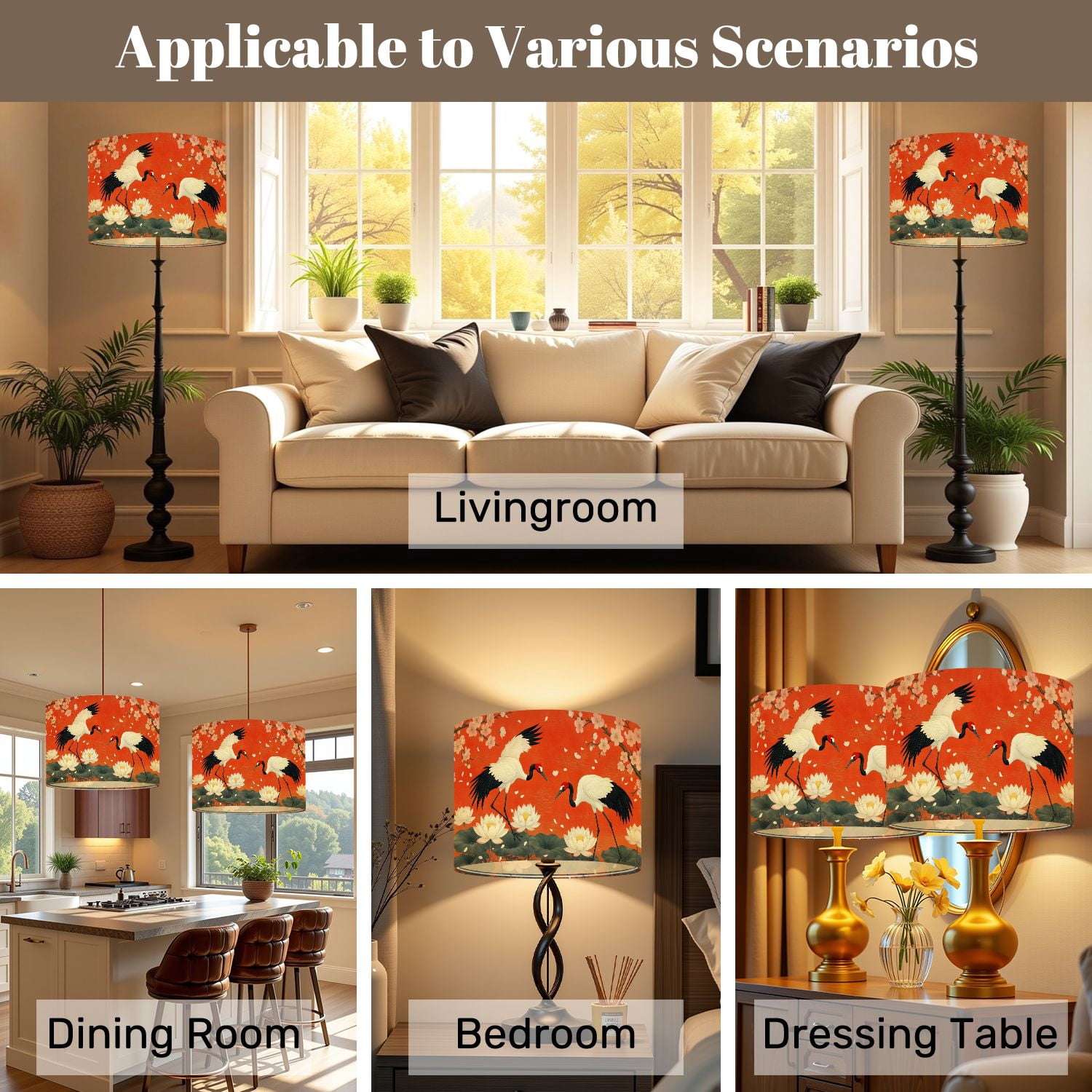Lampshades 2 Pack Cranes Lotus Cherry Blossom Japanese Wildlife Oriental 13"x13"x10" Light Shade for Table Lamps Floor Lamp Shades Lampshade Replacement Easy Assembly
