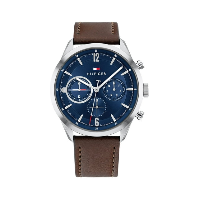 Tommy Hilfiger Reloj de cuarzo de acero inoxidable para hombre con correa de cuero marrón oscuro 22 (Modelo: 1791940)