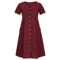 thumbnail image 3 of Kiplyki Summer Dress for Women 2024 V-Neck Solid Short Sleeve Button Pocket Linen Dress, 3 of 8