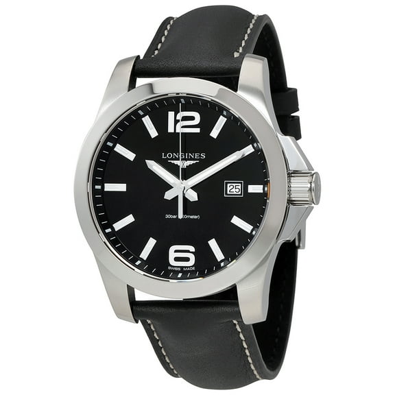 Longines Conquest Black Dial Black Leather Mens Watch L37604563