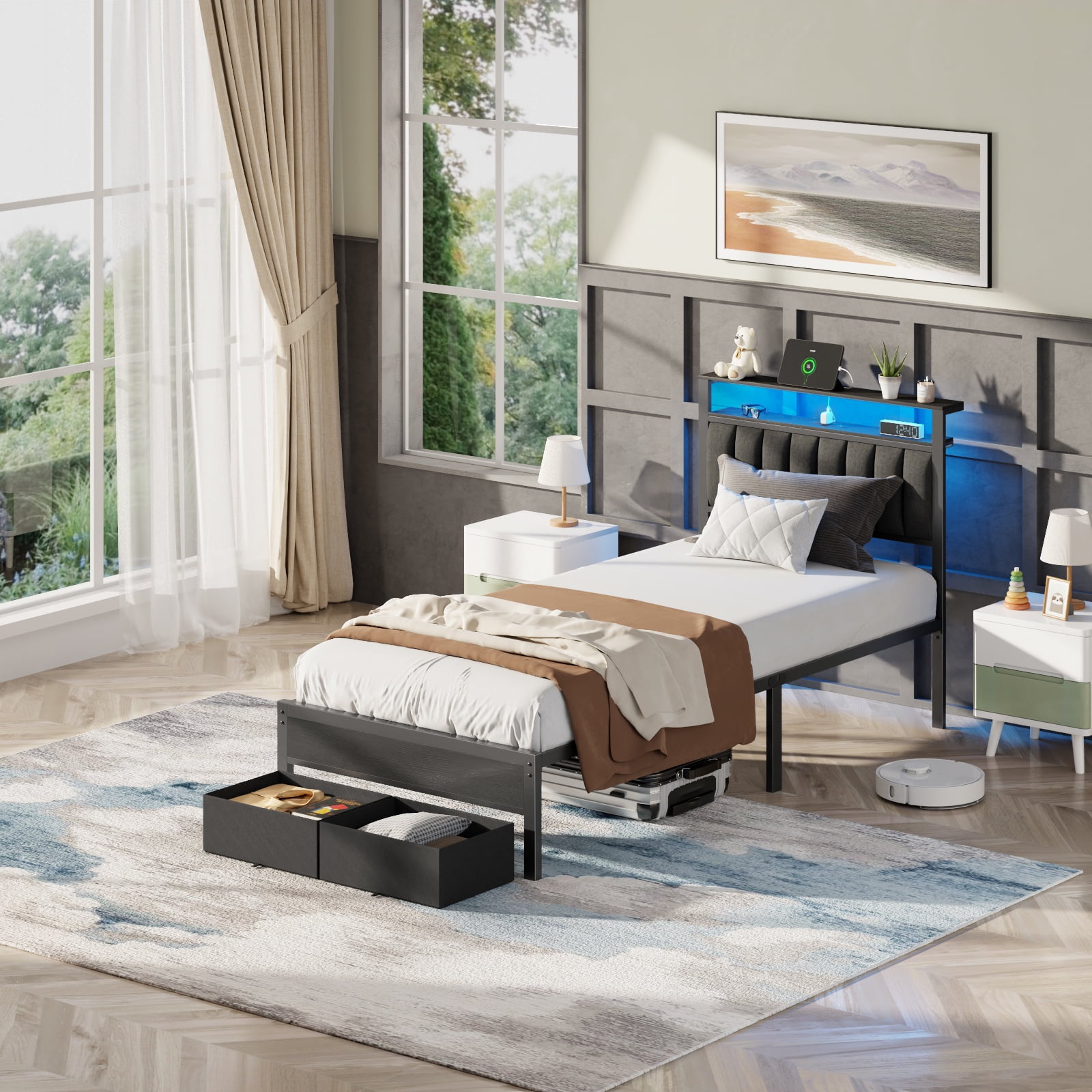 Satifur Twin Bed Frame with 2 Drawers & Storage Headboard, Platform Metal Bed with 2 USB Ports and Outlets, No Box Spring Needed