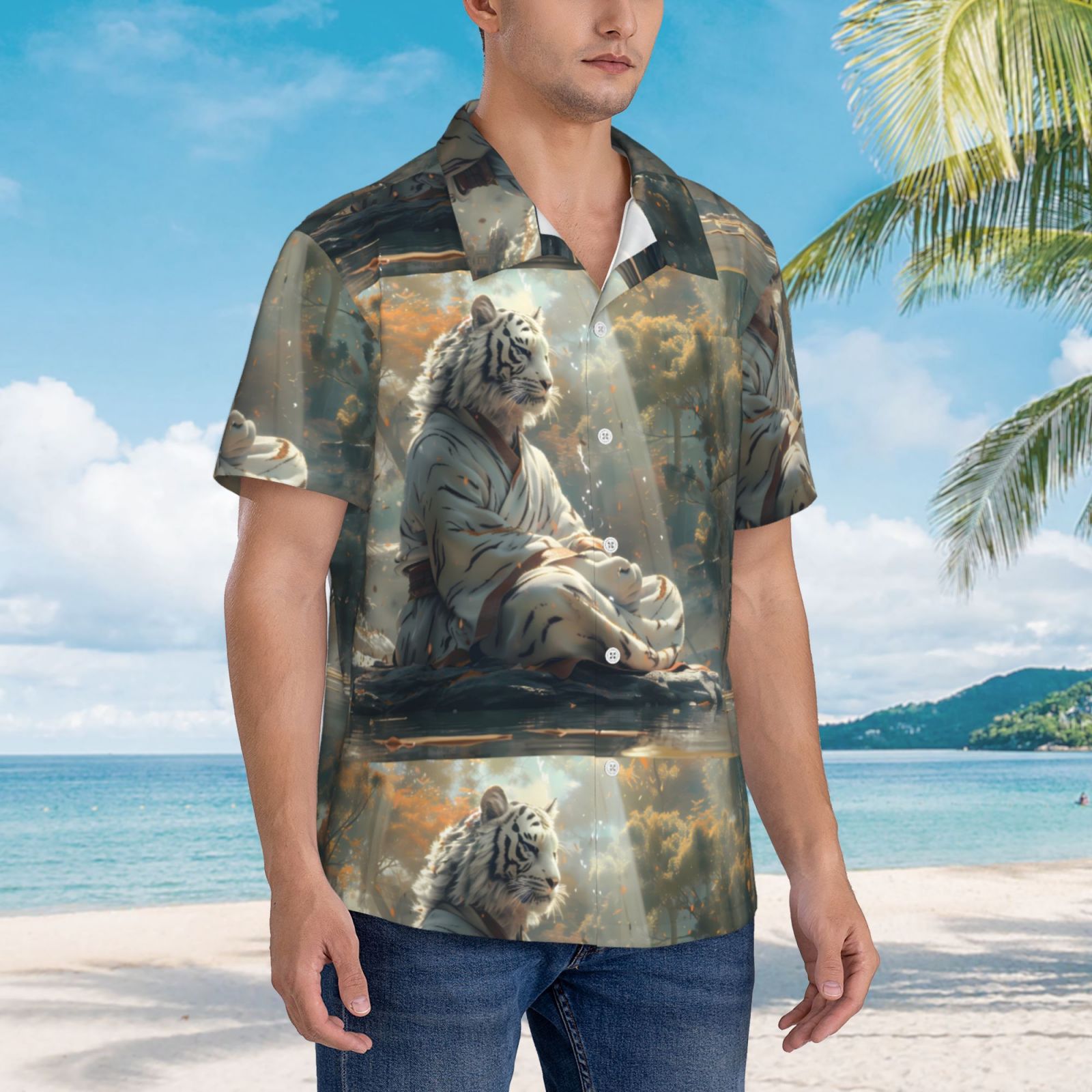 Logiee Forest Meditating White Tiger Print Mens Hawaiian Shirts,Loose-Fit Short Sleeve Button Down Tropical Aloha Beach Shirt,Summer Vacation Wedding Tops,Medium