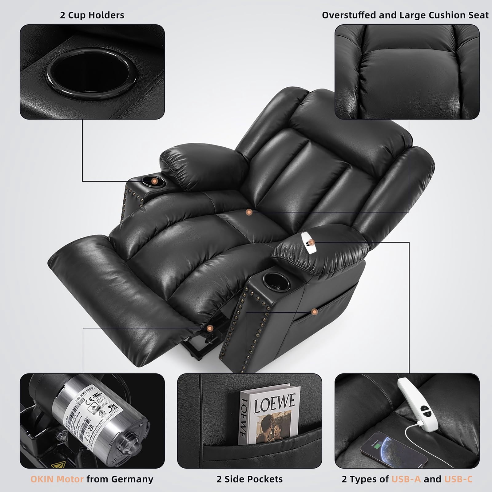 Large Power Lift Chairs Recliners for Elderly with Heated and Massage, Overstuffed Adjustable Lift Chairs, 3 Positions, Breathable Leather, USB-A and USB-C, Cup Holder, Side Pocket, Dark Brown