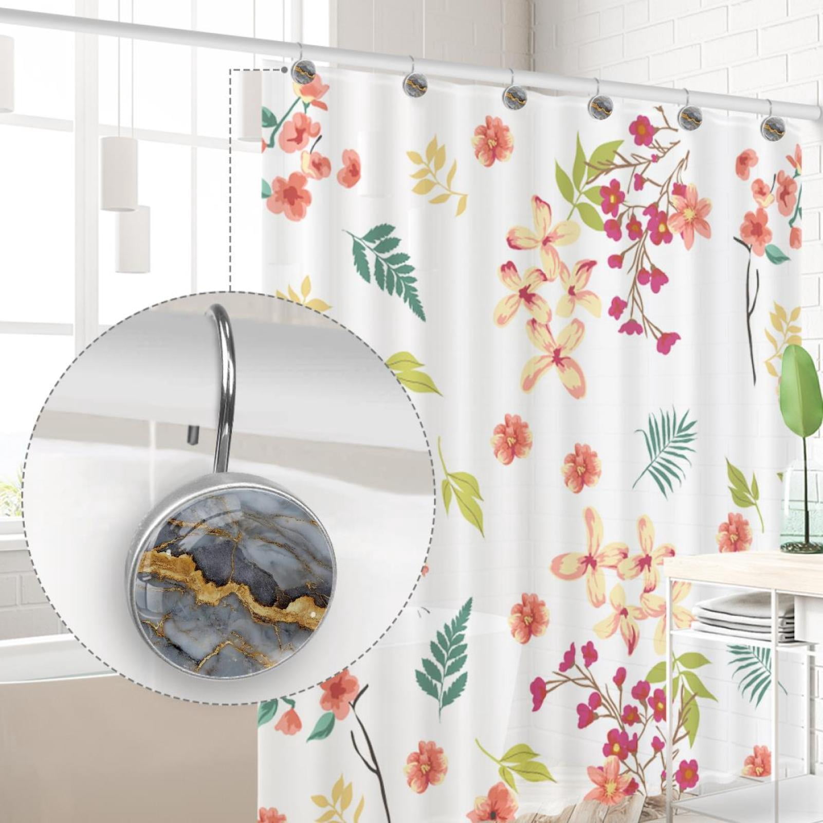Gold Marble Shower Curtain Hooks Round Crystal Glass, Set of 12 Shower Curtain Rings - Shower Hooks for Curtain Shower Rings