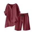 thumbnail image 5 of GZWYHT Linen Short Sets For Women 2 Piece，Beach Vacation Set Linen Beach Set Cotton Short Sets For Women Travel Outfits Workout Sets For Women Cotton Summer Sets For Women Red S, 5 of 9