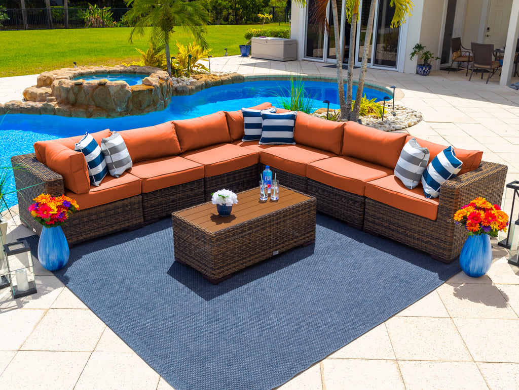 Tuscany 8-Piece Resin Wicker Outdoor Patio Furniture Sectional Sofa Set with Seven Modular Sectional Seats and Coffee Table (Half-Round Brown Wicker, Sunbrella Canvas Tuscan) - image 1 of 4