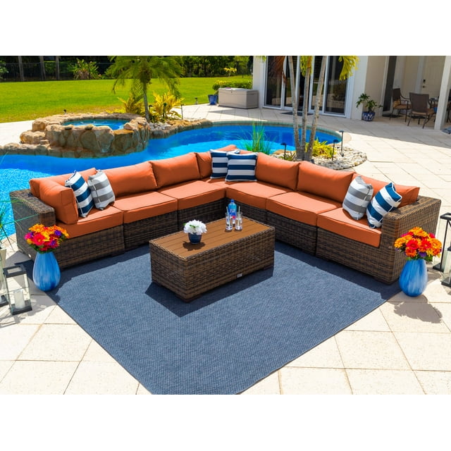 Tuscany 8-Piece Resin Wicker Outdoor Patio Furniture Sectional Sofa Set with Seven Modular Sectional Seats and Coffee Table (Half-Round Brown Wicker, Sunbrella Canvas Tuscan)