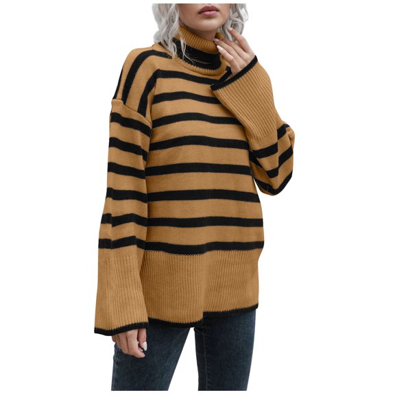 Women's High Neck Striped Tunic Sweaters Loose Long Sleeve Casual Knit Pullover Warm Fashion Turtleneck Top Blouse (X-Large, Khaki)