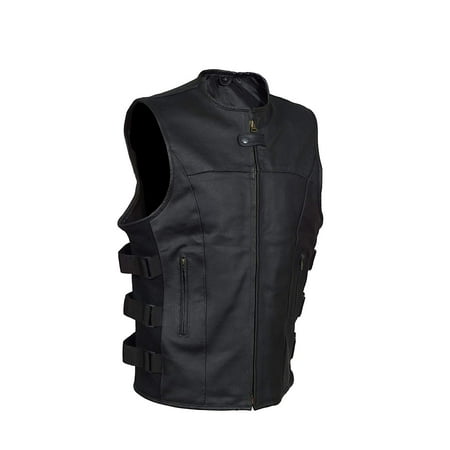 Length Motorcycle Vest - Men's SWAT motorcycle Leather vest with two concealed gun pockets