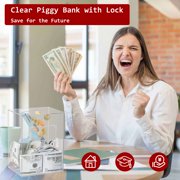 Clear Acrylic Piggy Bank with Lock and Key for Kids Adults, Openable Money Saving Box for Cash Coins Real Money (Clear)